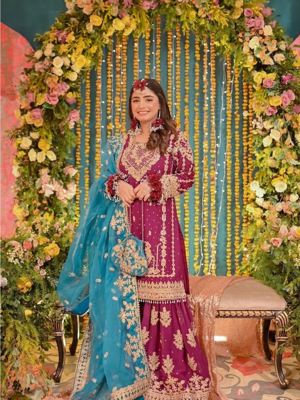 Magenta Embroidered Bridal Sharara Dress with Teal Dupatta